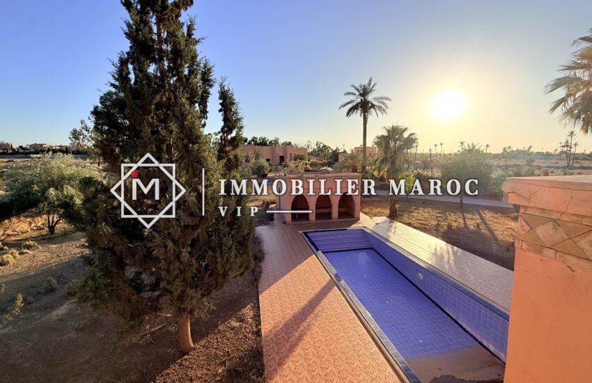 Piscine du riad 1 au coucher du soleil – maison d'hôtes à vendre à la Palmeraie de Marrakech