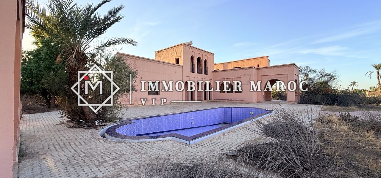 Piscine avec palmier devant une villa – projet touristique à vendre à la Palmeraie de Marrakech