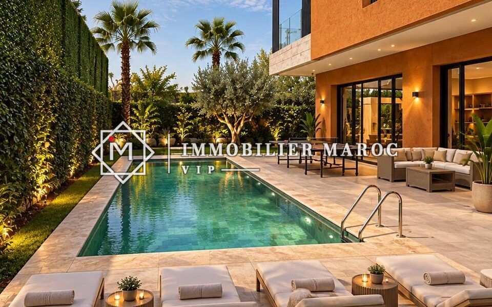Piscine et jardin plein sud de la villa à vendre au Golf d'Amelkis, Marrakech – aménagement virtuel, villa vendue vide