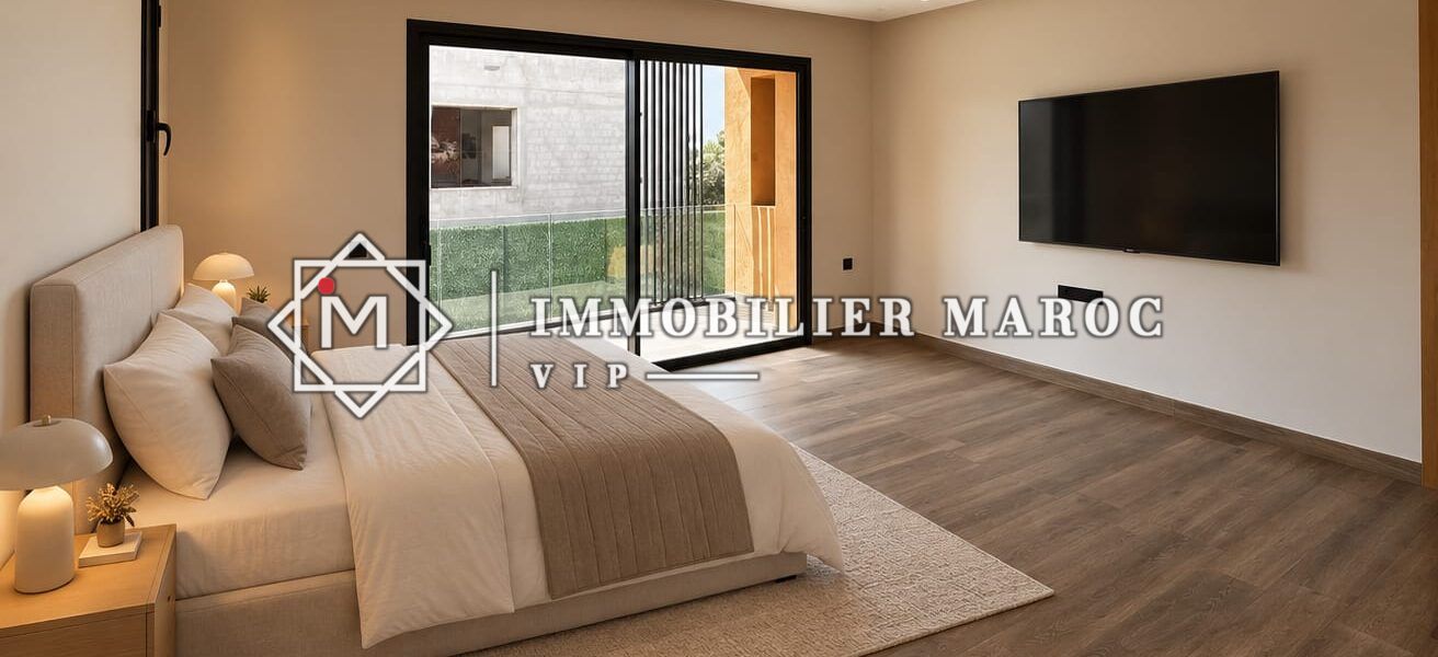 Chambre ouverte sur le jardin, villa à vendre au Golf d'Amelkis, Marrakech – aménagement virtuel, villa vendue vide