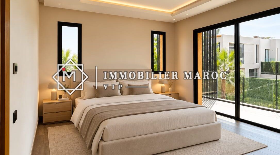 Suite avec baie vitrée, villa à vendre au Golf d'Amelkis, Marrakech – aménagement virtuel, villa vendue vide
