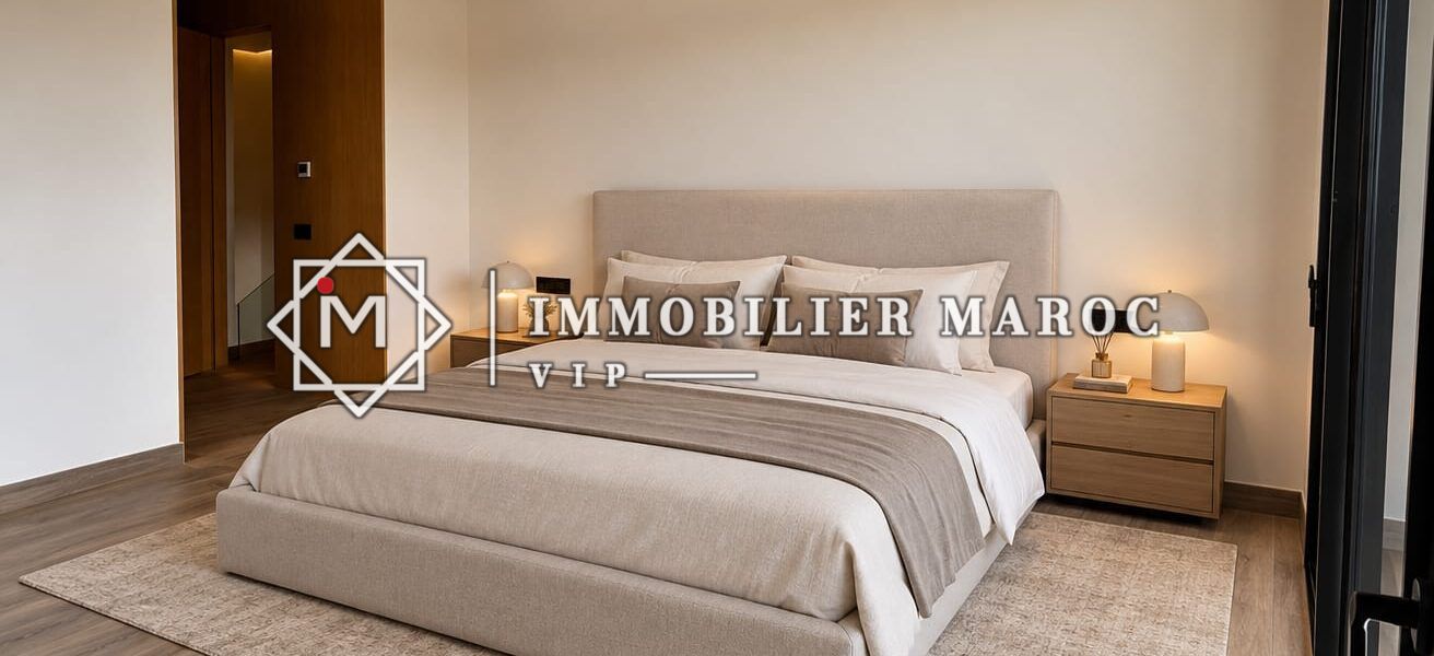 Suite parentale avec faux plafond lumineux, villa à vendre au Golf d'Amelkis, Marrakech – aménagement virtuel, villa vendue vide