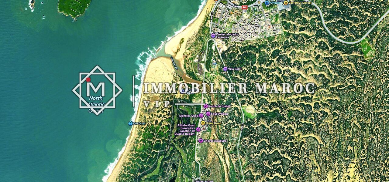 Vue satellite du littoral atlantique au sud d'Essaouira, région du terrain de 200 ha en front de mer à vendre