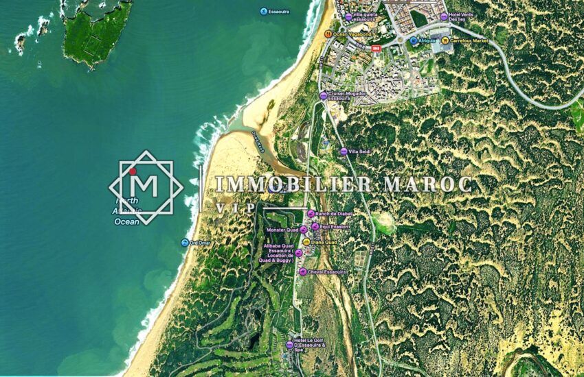 Vue satellite du littoral atlantique au sud d'Essaouira, région du terrain de 200 ha en front de mer à vendre