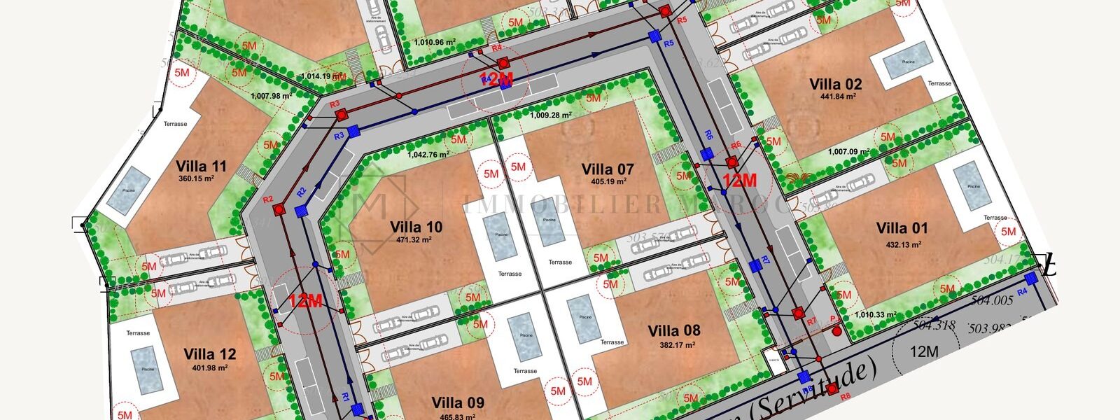 Plan de masse du lotissement de 12 villas, terrain de 14 541 m² à vendre près de Marrakech