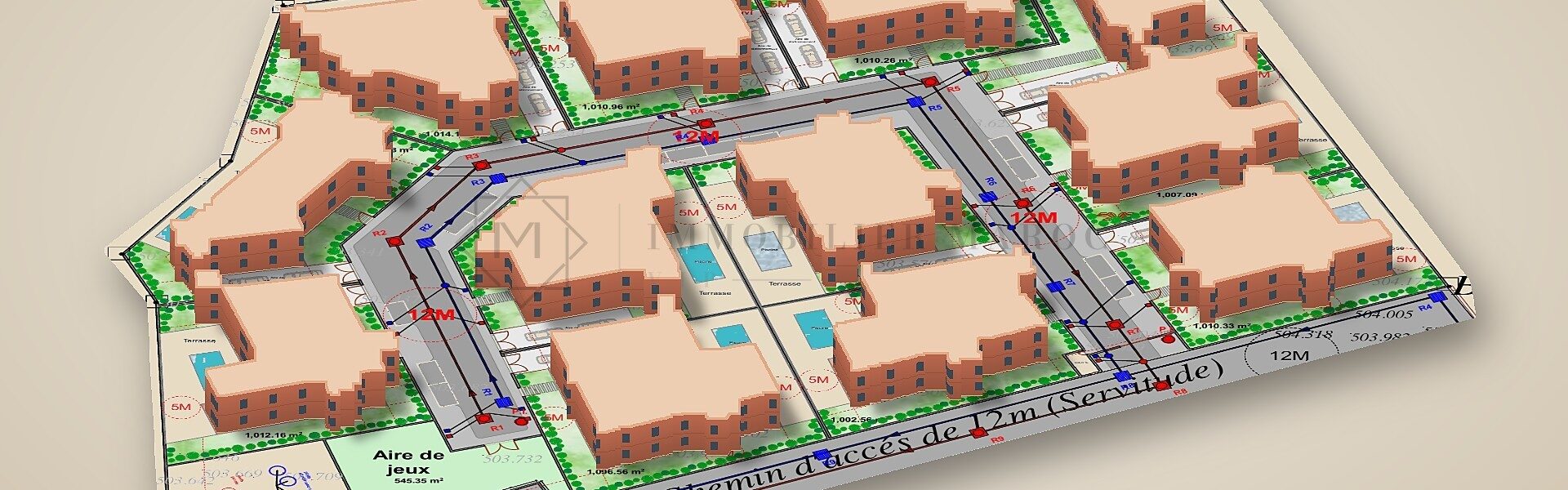 Terrain à vendre à Marrakech secteur Argan Golf, lotissement autorisé de 12 villas – vue 3D d'illustration