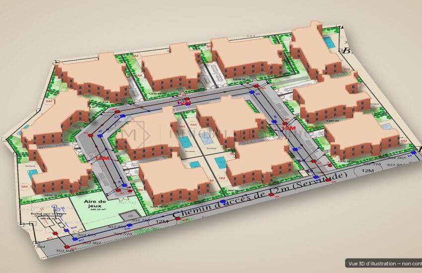 Terrain à vendre à Marrakech secteur Argan Golf, lotissement autorisé de 12 villas – vue 3D d'illustration