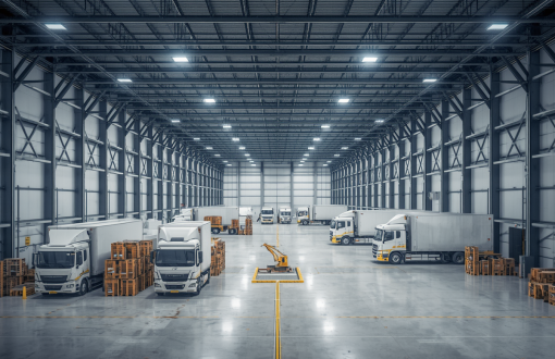 Photo réaliste et intéressante d’un grand hangar ou entrepôt de logistique moderne, avec quais de chargement, camions, palettes, éclairage professionnel, ambiance propre et industrielle.jpg3